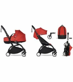Babyzen YOYO2 Ultra Compact Complete 6+ Stroller With Bassinet & Rolling Bag Bundle - Black/Red